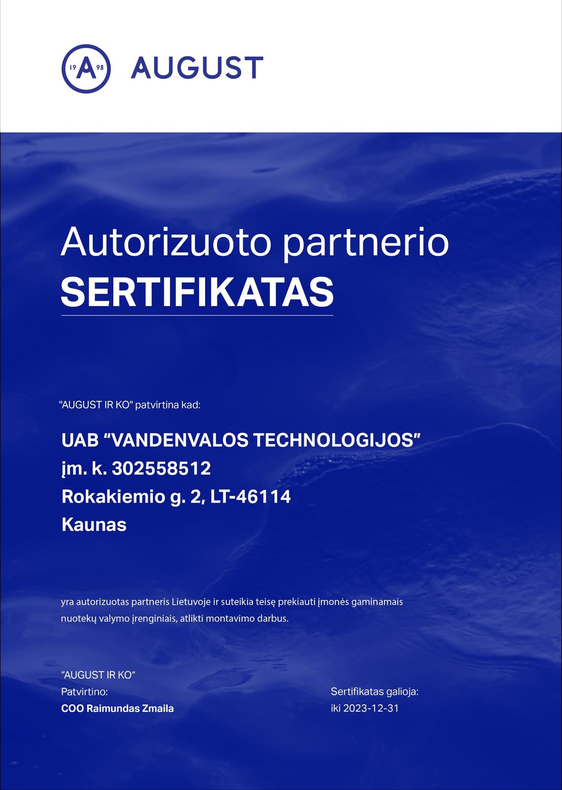 August sertifikatas - Nuotekų valymo įrenginių montavimas.